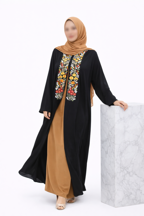 Eid abaya. Two pieces abaya. Black abaya. Embroidered abaya. Black and gold abaya
